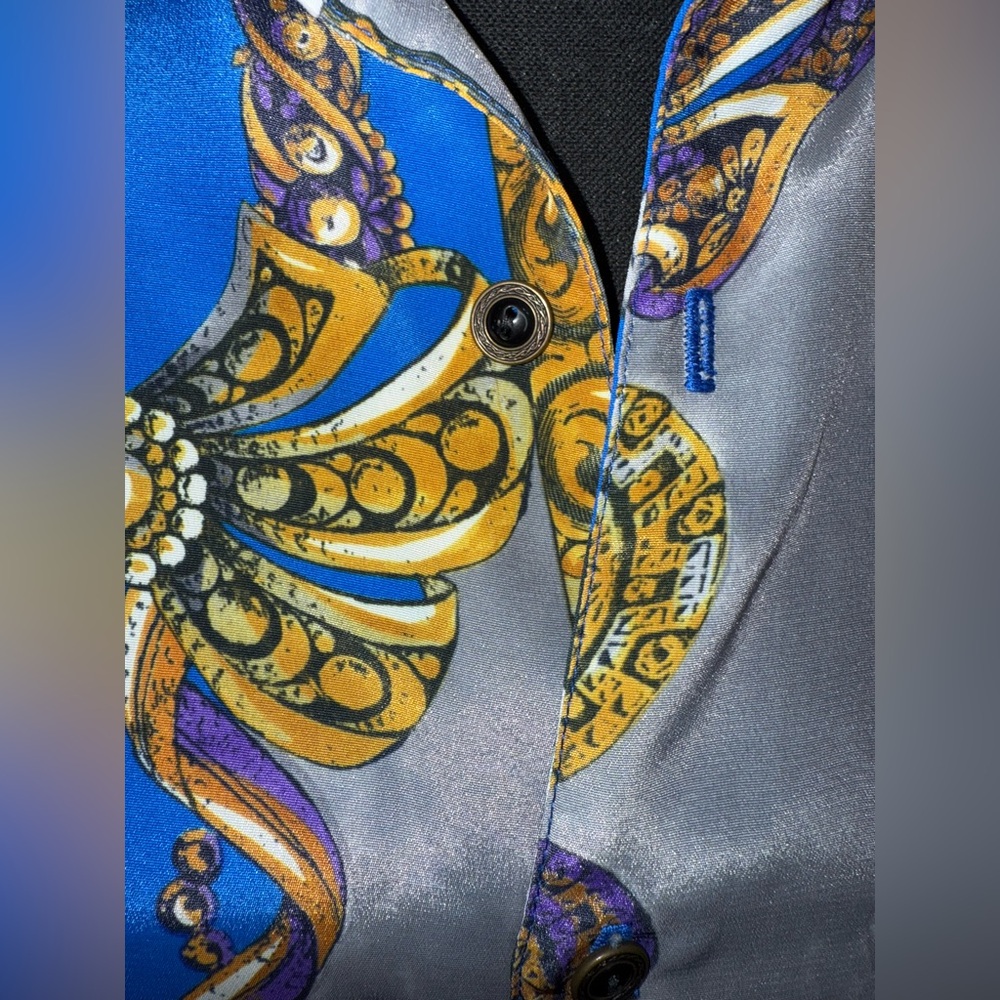 Vintage Sangi Baroque Print Shirt Blue Gold Versacecore Luxe Retro- Sz Medium - Picture 7 of 11